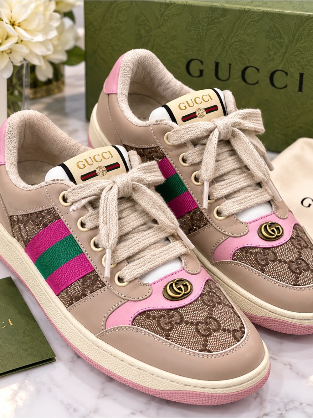 Gucci Women’s Beige, Pink & Green GG Canvas Low-Top Sneakers